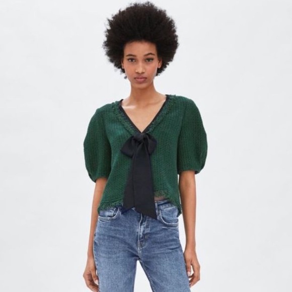 Zara Green Tweed Statement Top Shirt Black Floppy Bow Short Sleeve Woven XS - Picture 7 of 7